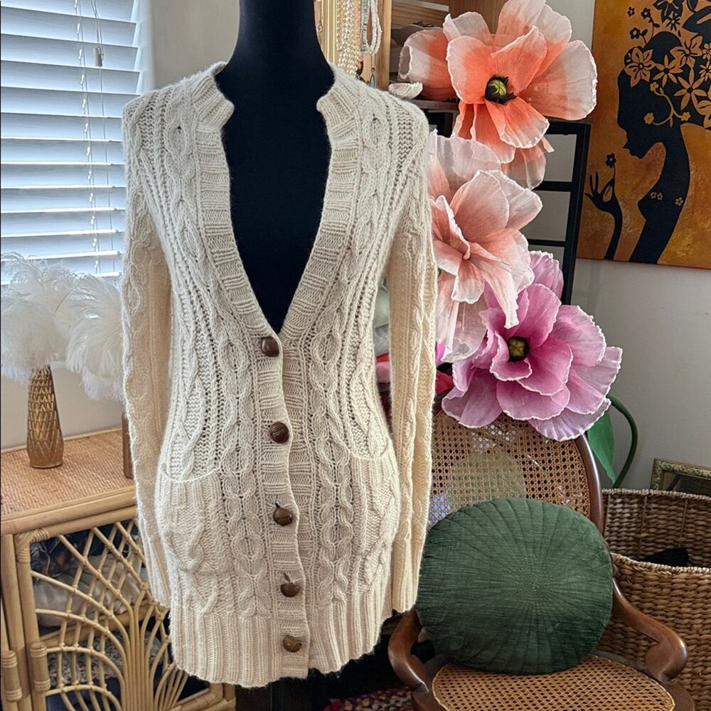 J Crew Cream Cashmere Handknit Cable Nantucket Fisherman Cardigan Sweater